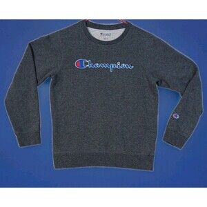 Champion Sweater Youth Large L Gray Blue Pullover Sweatshirt Embroidered Boys